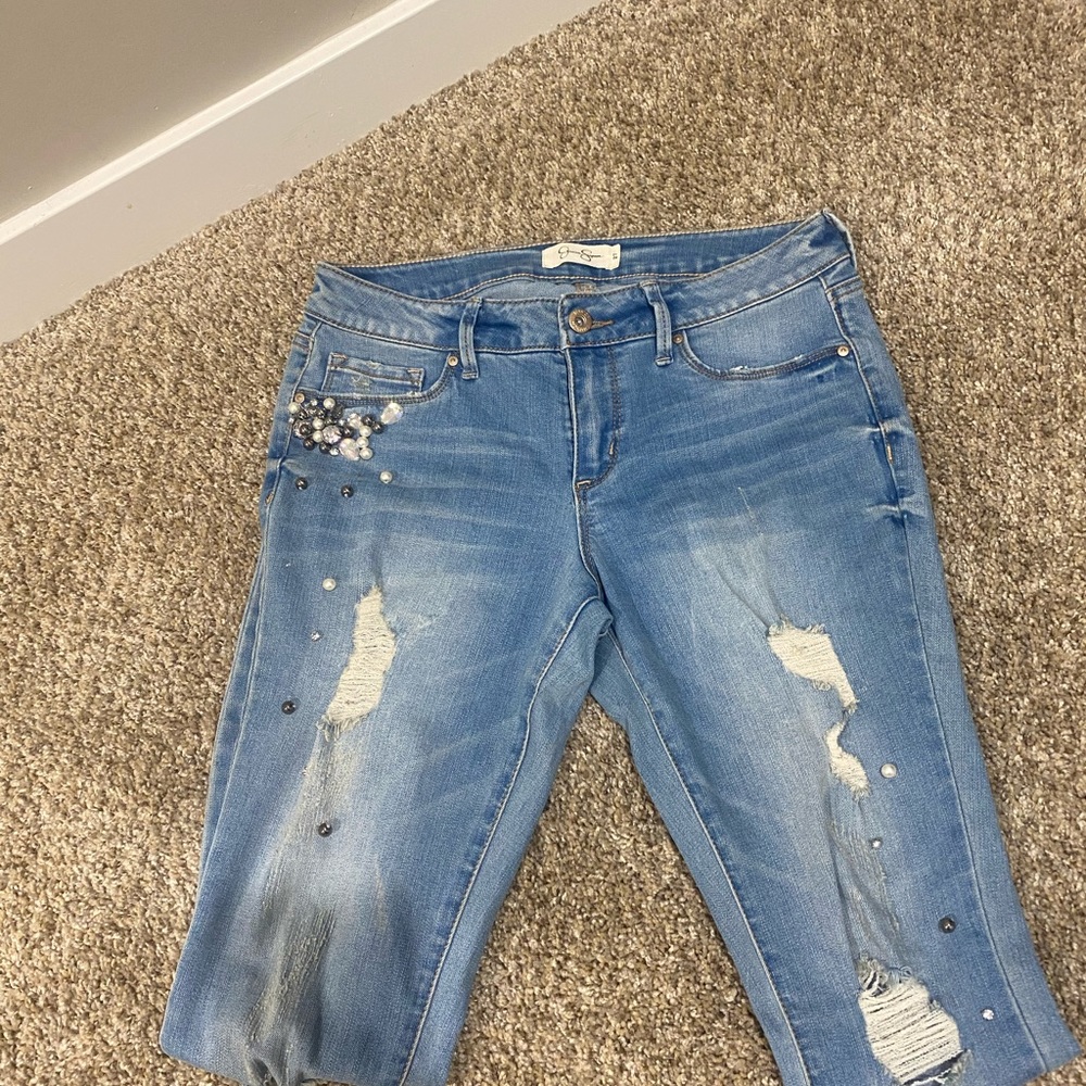 Jessica Simpson bejeweled distressed skinny jeans